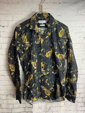 Epsilon size medium men’s long sleeve button down shirt dragon and coy fish